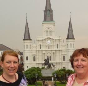 Bridget Eileen and mom in Jackson Square New Orleans with St Louis Cathedral in Background