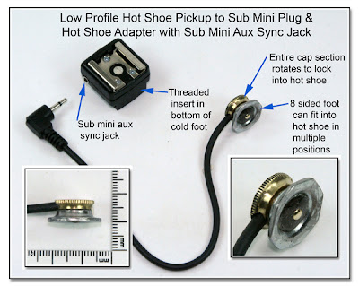 Low Profile Hot Shoe Pickup to SubMini Plug & Hot Shoe Adapter with SubMini Aux Sync Jack