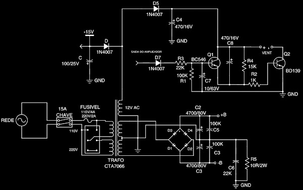 Stereo amplifier circuits – for hobbyists and beginners – Power transistor stage output – Power supply schematic