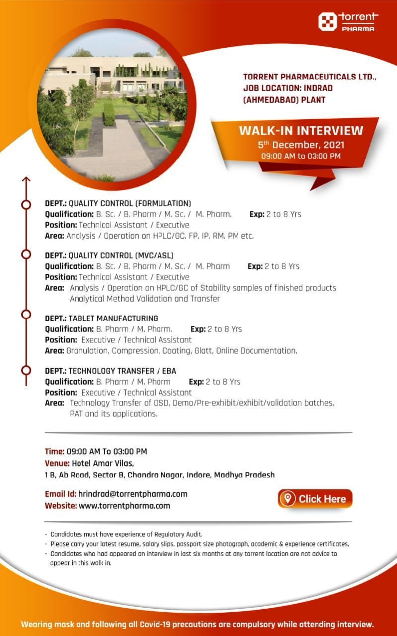 Job Availables,Torrent Pharmaceutical Ltd Walk-In-Interview For BSc/ MSc/ B.Pharm/ M.Pharm