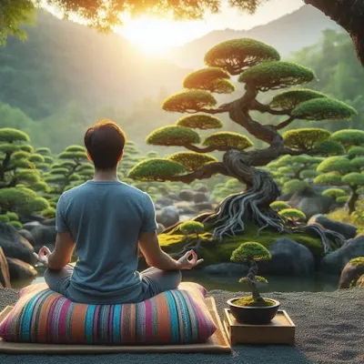 A person sitting in forest doing yoga.