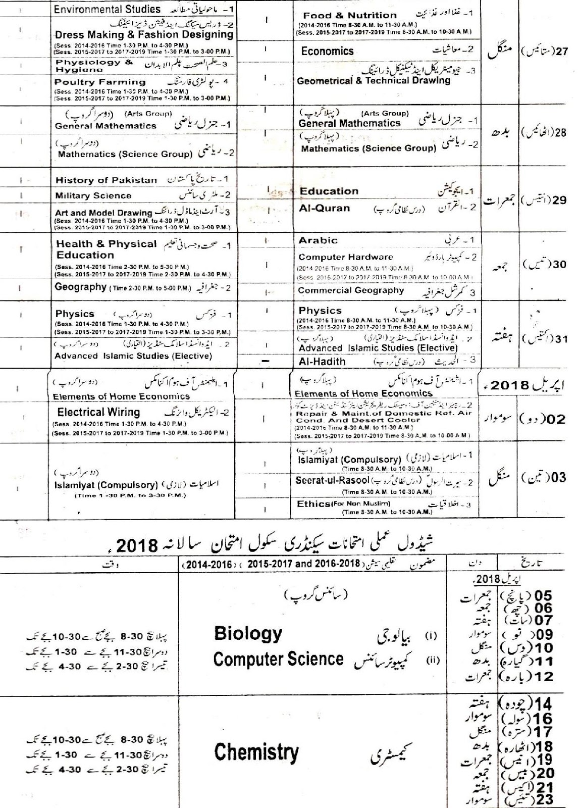 Lahore Board Matric 9th And 10th Class Supply Exam Date Sheet Supplementary Exam