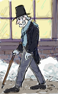 Scrooge walking alone, not knowing he is soon to go from villainy to redemption. Drawing by David Borden