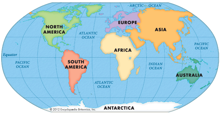 World Physical Map With Continents And Oceans