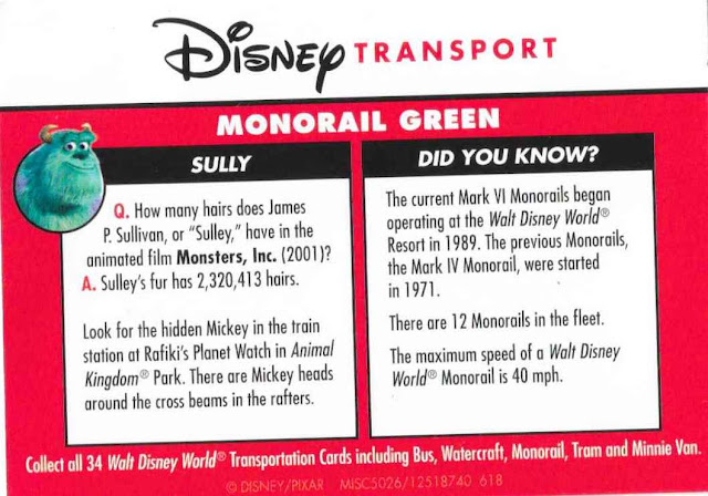 Monorail Green Disney Transportation Card Backside Sully 17 of 34