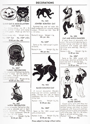 Catalog page of vintage Halloween collectibles by Beistle with witch decoration as well as pumpkins, black cats, scarecrows, etc.