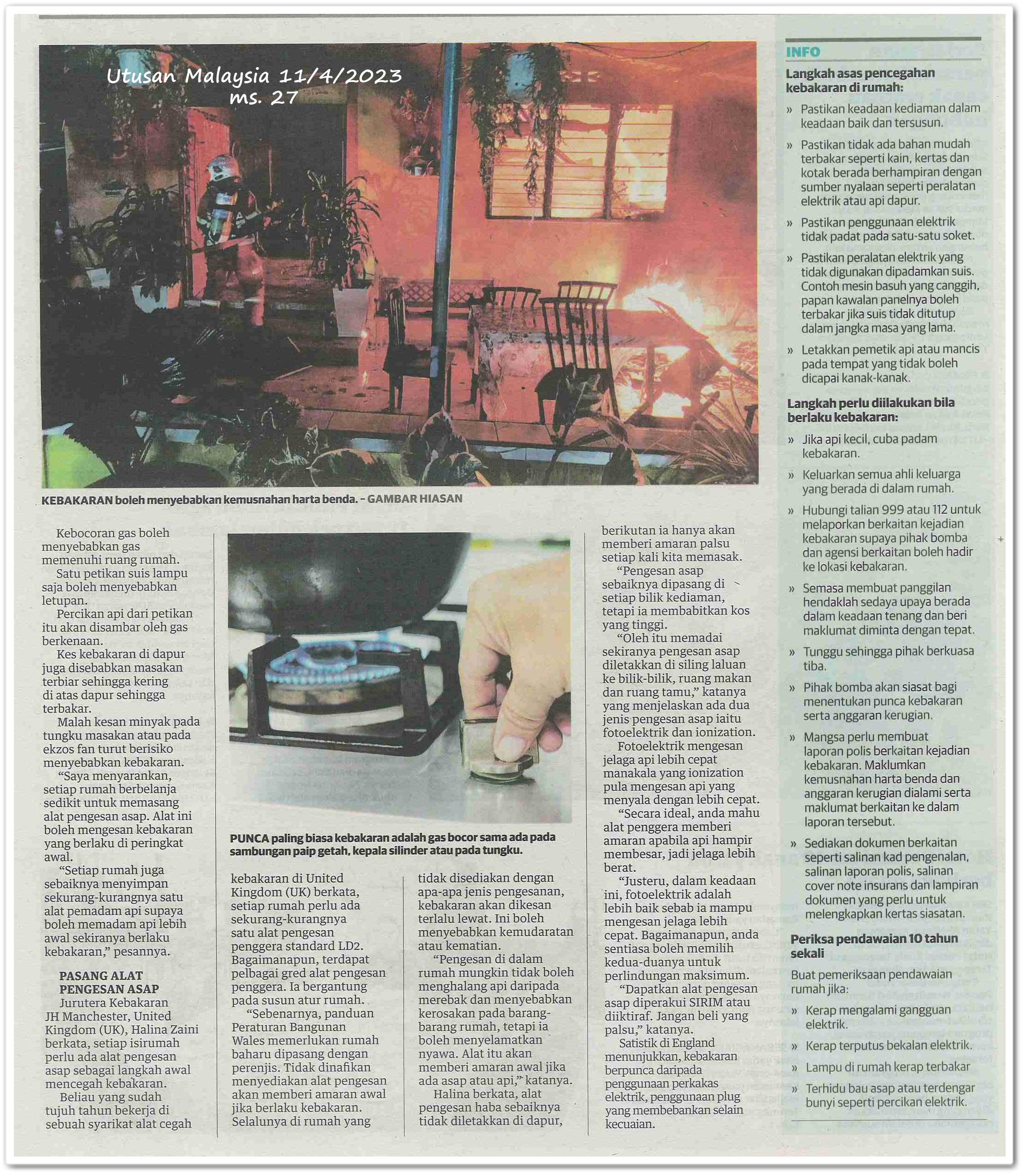 3L punca kebakaran kediaman sendiri - Keratan akhbar Utusan Malaysia 11 April 2023