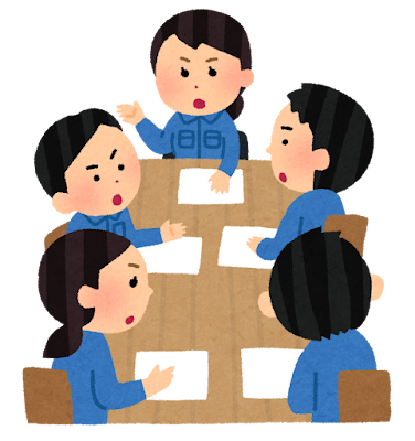 作業服を着た人たちの会議のイラスト（真剣）