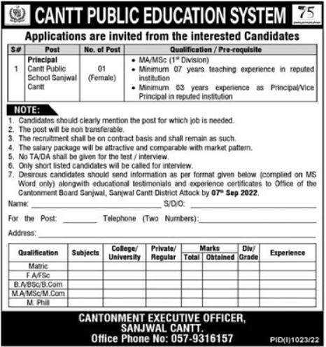 Cantt Public Education System Sanjwal Cant Jobs 2022
