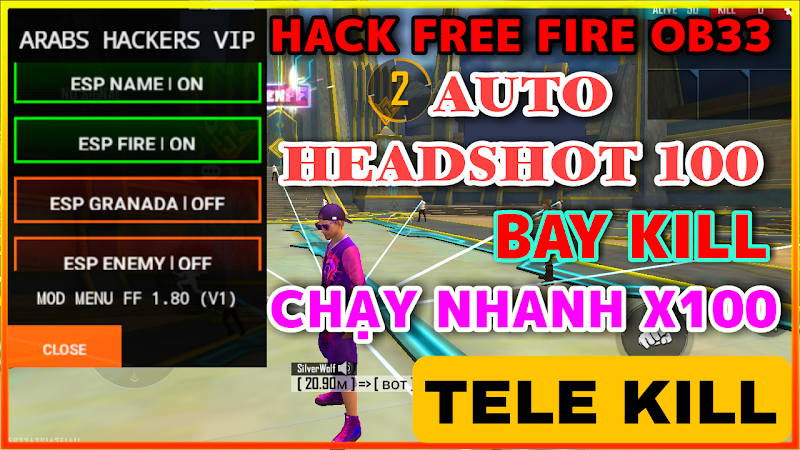 MENU FREE FIRE OB33 - MENU CHỮ A VIP AUTO HEADSHOT 100%, BAY KILL, TELE KILL, CHẠY NHANH X100