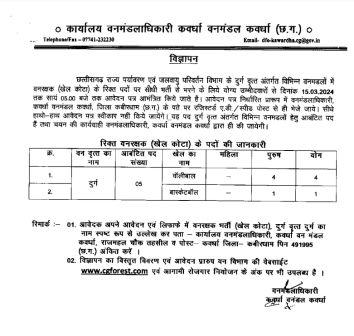 KAWARDHA FOREST GUARD VACANCY 2024 | कवर्धा वनमंडल में वनरक्षक के रिक्त पदों में भर्ती के लिए आवेदन