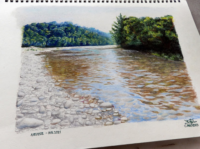 how to draw a river with coloured pencils