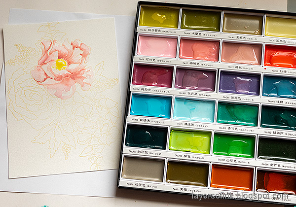 Layers of ink - Watercolored Flowers no-line coloring tutorial by Anna-Karin Evaldsson. Watercolor with Zig Kuretake Gansai Tambi watercolor paint.