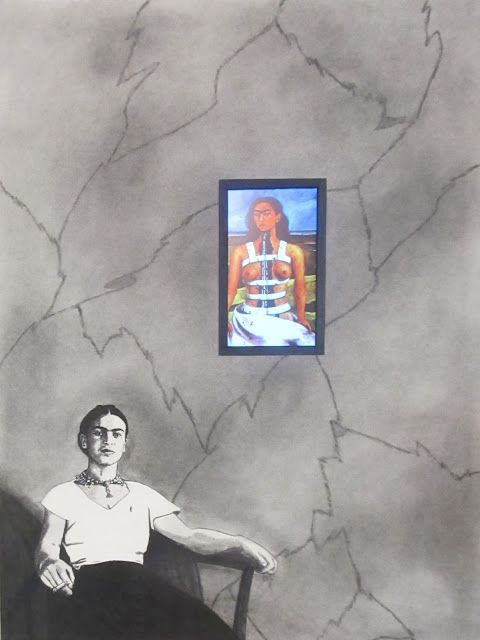 "Frida with Fridas" Charcoal, Conte and Embedded Electronics on Paper  24x18 inches, c. 2015 - By F. Lennox Campello