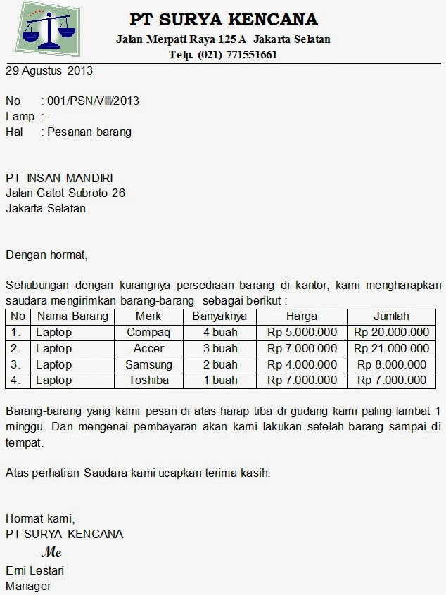 MY BLUE BLOG: CONTOH SURAT PESANAN BARANG