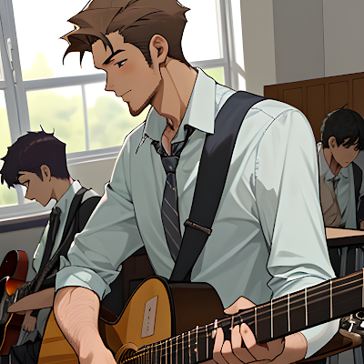 a man is learning guitar in a classroom