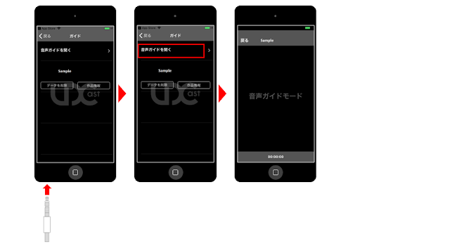 iPod touchのイヤホンジャックにイヤホンプラグが差し込まれようとしているところの図