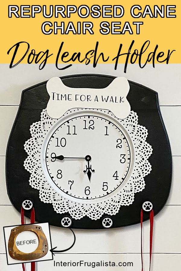 How to turn an old cane chair seat into a one-of-a-kind dog leash holder with a Time For A Walk Clock and paw print dog leash hooks for the back door. #dogleashholderideas #dogleashhooks #dogleashorganizer