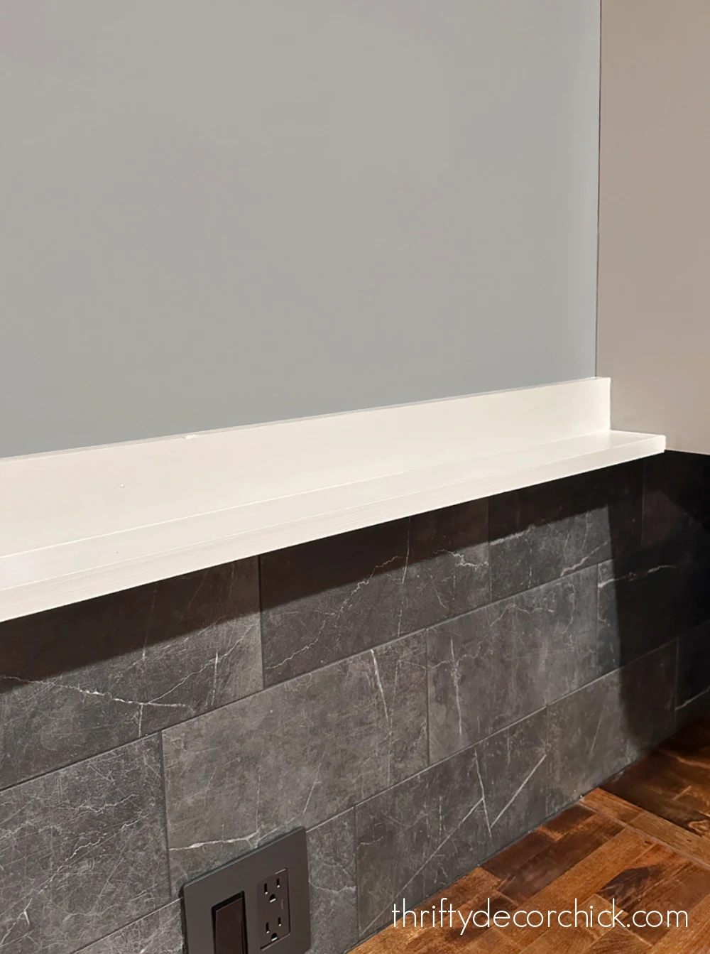 DIY wood ledge above tile backsplash