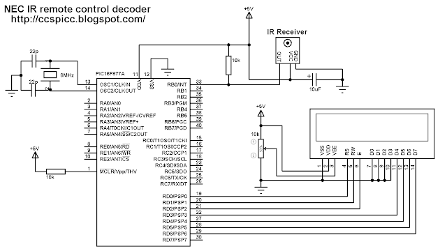 NEC protocol IR remote control decoder circuit using PIC16F877A CCS PIC C