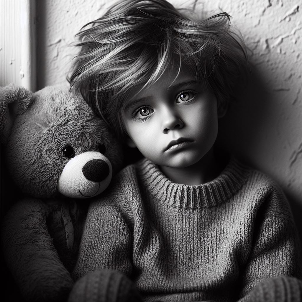 صورة حزينة لطفل بجانبه دبدبوب