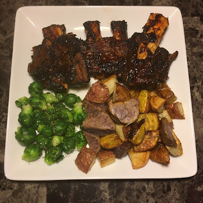 Barbecued beef ribs, roasted root veggies and baby Brussels sprouts