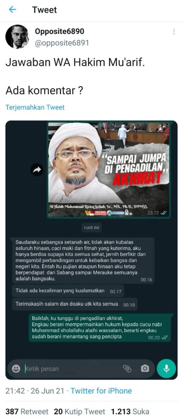 Imam Besar Habib Rizieq Shihab divonis empat tahun penjara oleh Majelis Hakim Pengadilan  Akun @opposite6891 Unggah Tangkapan Layar Yang Disebutnya Jawaban Hakim Yang Memvonis HRS