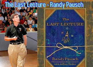 Image of Randy Pausch speaking to a crowd and the cover of his book The Last Lecture