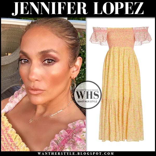 Jennifer Lopez wearing yellow and pink printed dress
