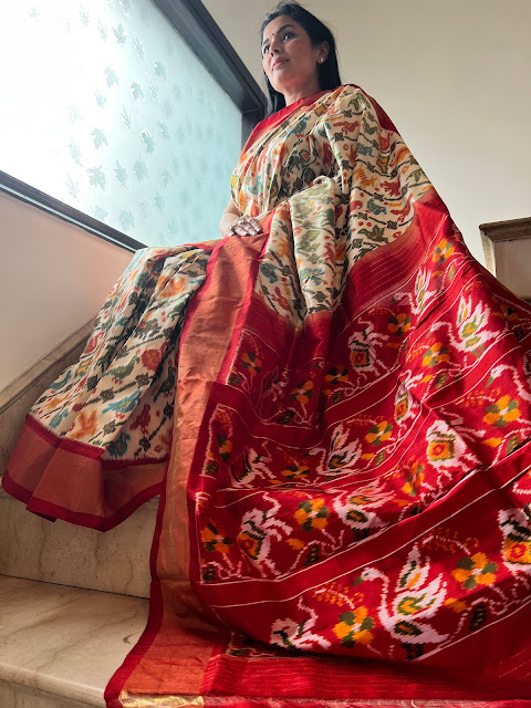 White and red silk ikat pochampally saree