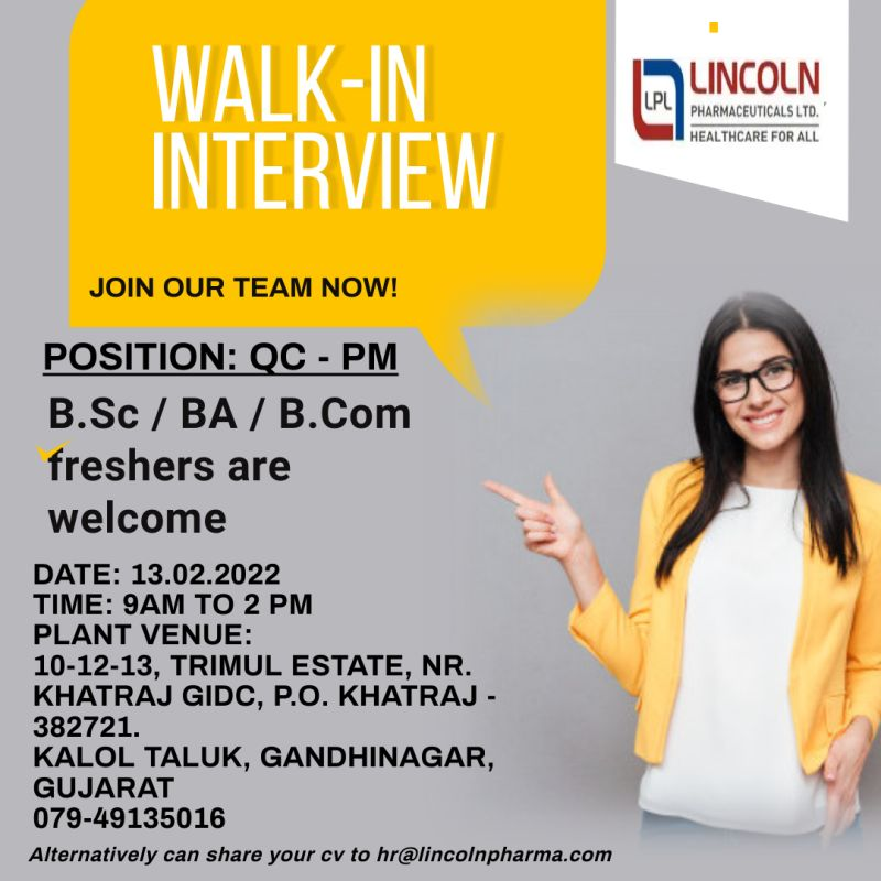 Job Availables,Lincoln Pharmaceutical Ltd Walk-In-Interview For BSc/ B.Com/ BA