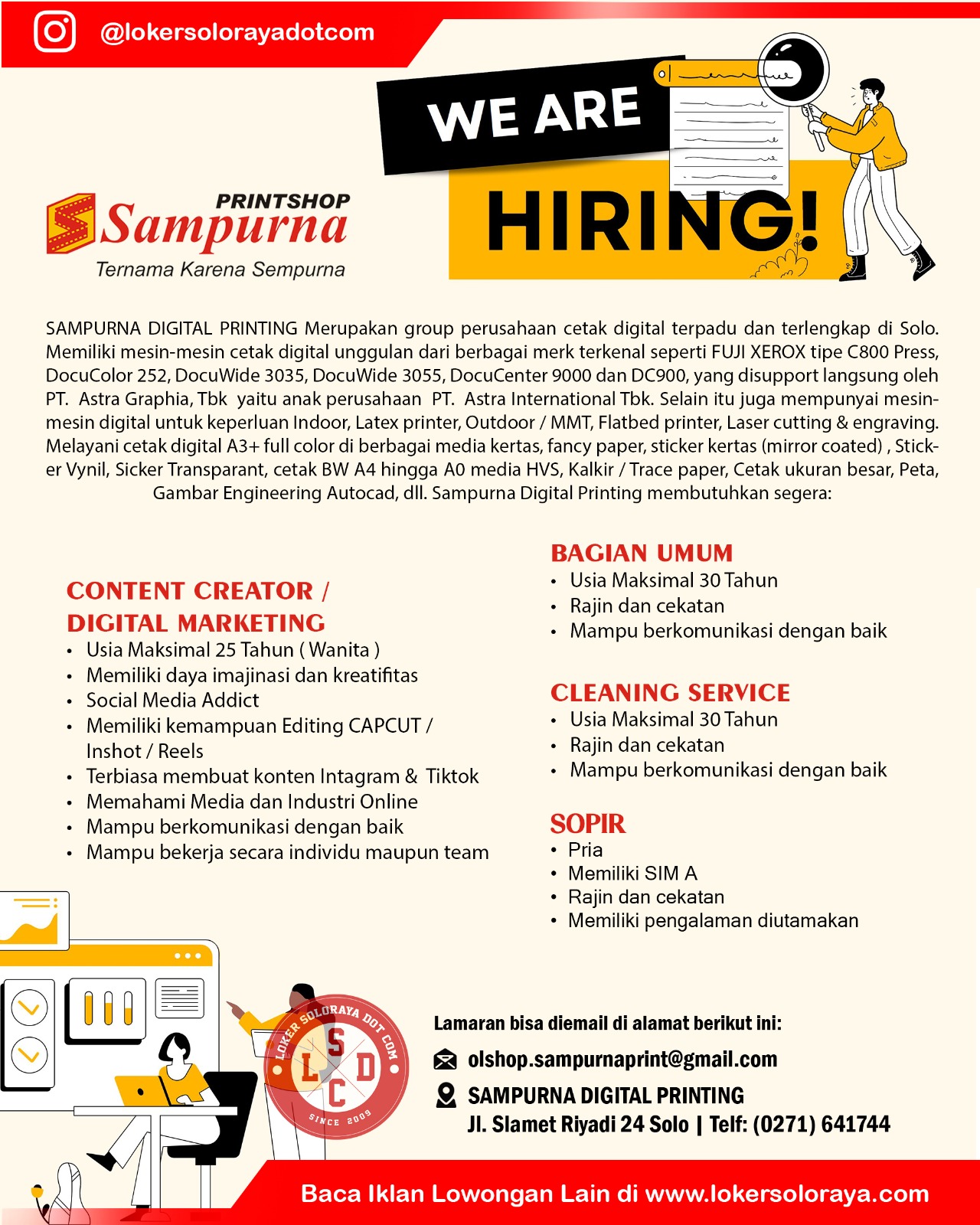 Loker Sampurna Digital Printing Solo Content Creator, Bagian Umum, Cleaning Service