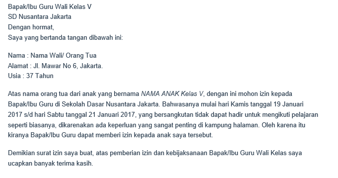 5+ Contoh Surat Izin Sekolah Buatan Sendiri Tulis Tangan 