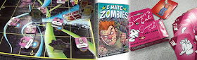 A banner made up of three images fading into one another: on the left, a photo of the board from Bill and Ted's Excellent Board Game (cartoon-style temporal pathways in the style of the original movie) with cardboard pieces representing the players in phone booths and characters from history). In the middle is the cover for I Hate Zombies (a cartoon style man, grimacing in anger and covered in bandages, with a horde of zombies behind him). On the right is the box for the Simon's Cat Card Game next to several of the cards from the game, all decorated with the character from the titular comic.