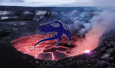 dragon hovering over volcano crater