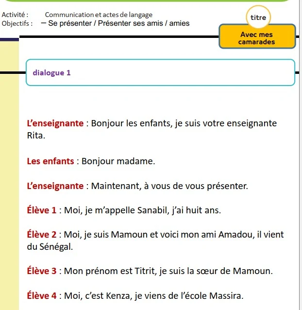 Dialogue avec mes camarades unite 1semain 1 mes apprentissages en français 3aep