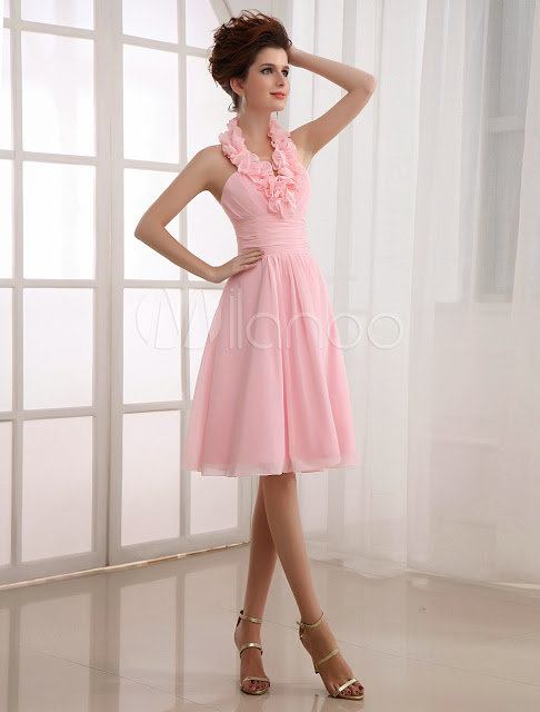 China Wholesale Clothes - Pink Halter Chiffon Knee Length Womens Bridesmaid Dress