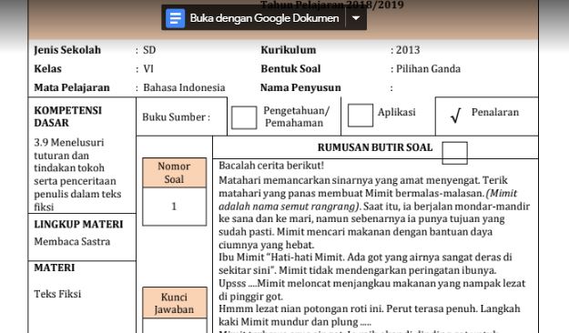 Contoh Soal HOTS Jenjang SD Mata Pelajaran Bahasa Indonesia