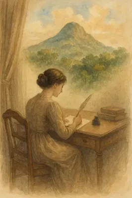 Ilustración de poetisa escribiendo el poema Al cerro Ancón,