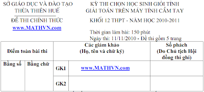 De thi CASIO Thua Thien Hue 2011, De thi CASIO co dap an, MTCT 2011, MTBT 2011