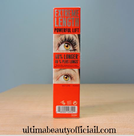 Back of mascara box. Picture of an eye with Benefit They're Real Magnet Mascara on the lashes, and another picture of an eye without Benefit They're Real Magnet Mascara. Printed: "Extreme Length" "Powerful Lift" "40% Longer"