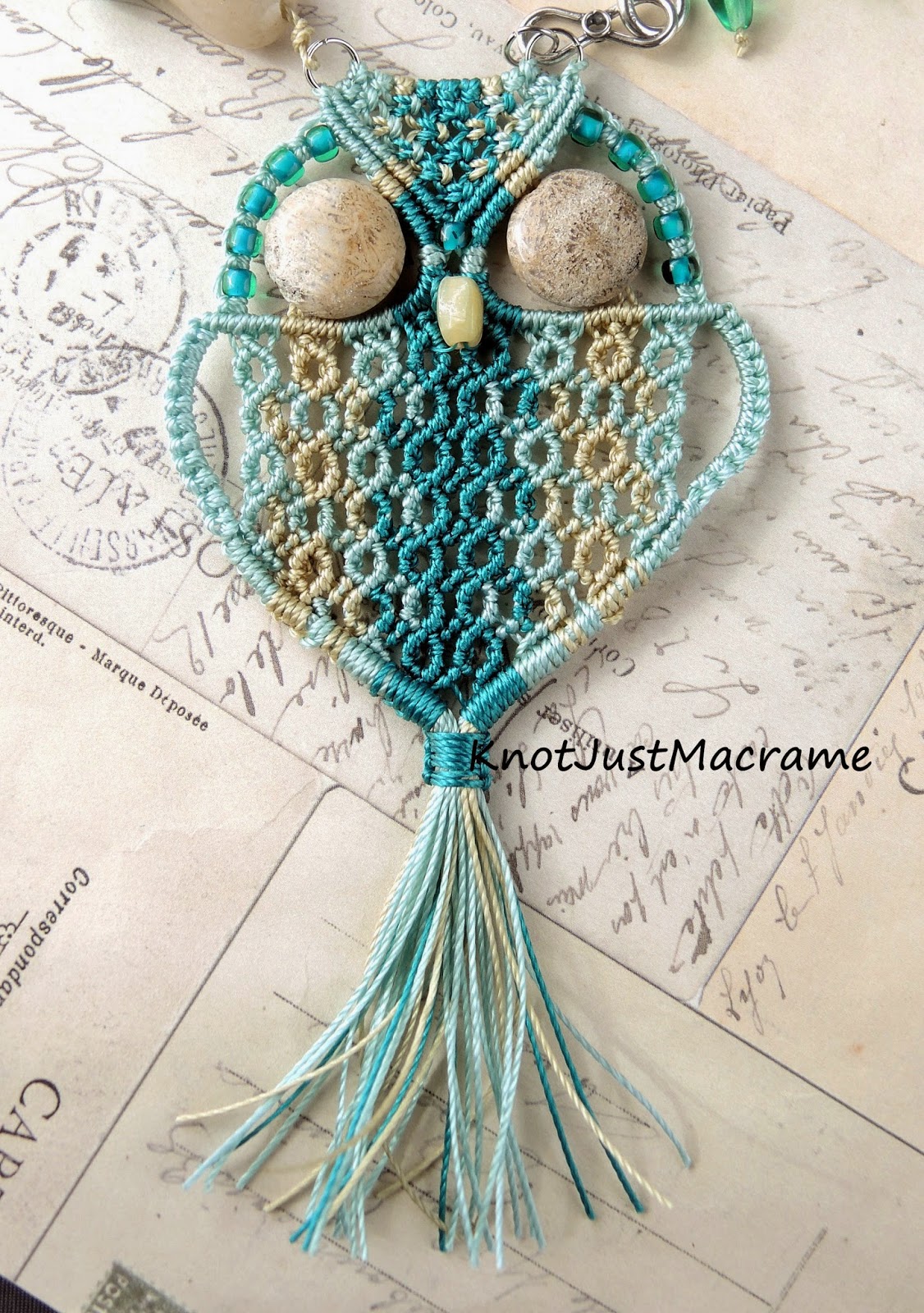 Turquoise and teal micro macrame owl