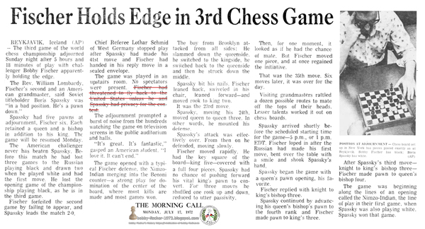 Fischer Holds Edge in 3rd Chess Game