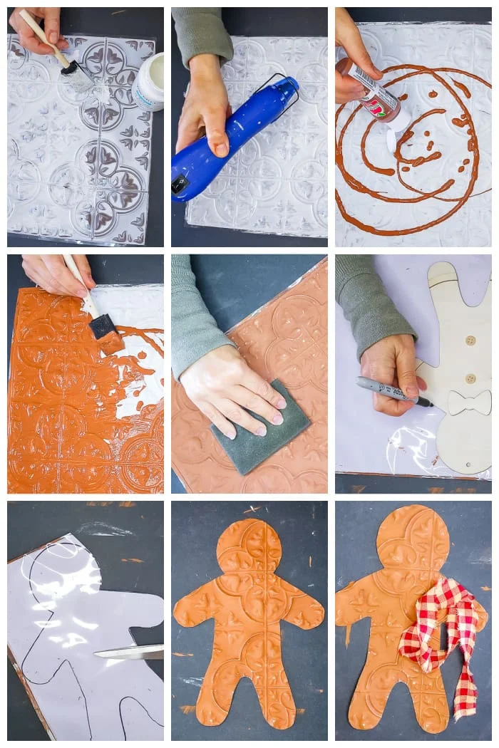 steps to make gingerbread man from Dollar Tree embossed tile