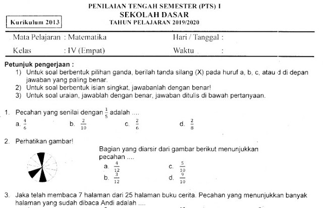 Kumpulan Soal Penilaian Tengah Semester (PTS) Ganjil Matematika Kelas 4 SD Terbaru Tahun 2019 Gratis