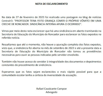 RONCADOR: EM NOTA DE ESCLARECIMENTO, ADVOGADO RELATA QUE SECRETARIA DE EDUCAÇÃO AINDA NÃO TOMOU AS PROVIDÊNCIAS NECESSÁRIAS SOBRE A SINDICÂNCIA