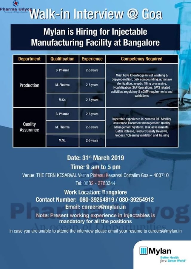 Mylan | Walk-in for Production/QA | 31 March 2019 | Goa