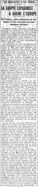 Coupure de presse, 1918, une « grippette » qui fit près de 100 millions de morts dans le monde d’après les derniers calculs de l’Institut Pasteur…