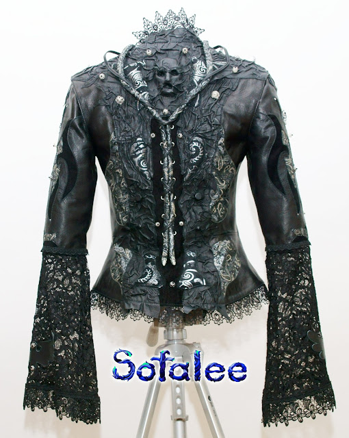 Women's Victorian style lace leather jacket, skirt, hood black silver color