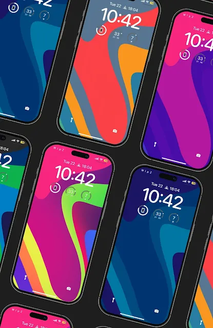 Assortment of iPhones displaying a range of colorful abstract wallpapers.